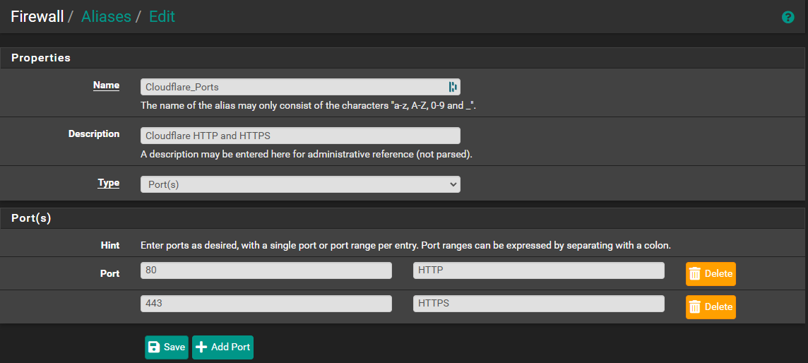 pfSense Alias Ports